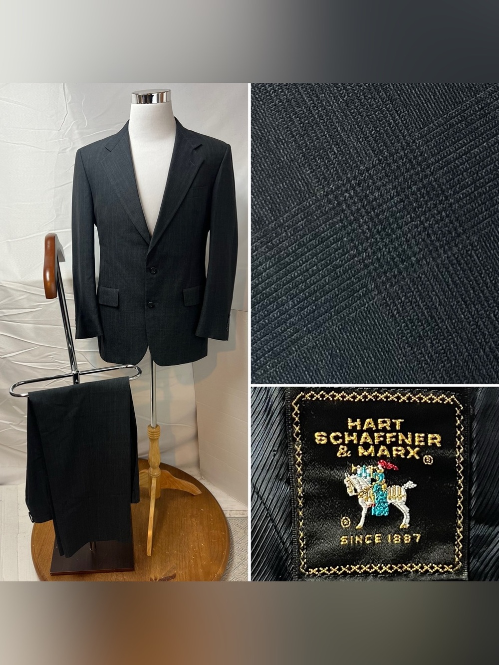 Hart Schaffner Marx Men's 40R Blazer 34x33 Pant Charcoal Gray Plaid Vintage Suit